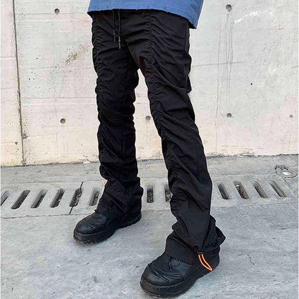 

waist harajuku elastic casual trousers men and women pleated ankle drawstring cargo pants high street baggy track, Black