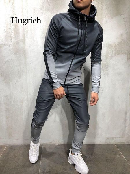 

men's tracksuits fashion men tracksuit sets hoodie sweatsuit slim fit joggers gym color gradient suit, Gray