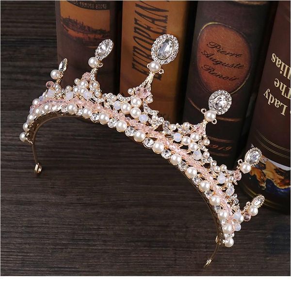 

new wedding hair accessories luxury pink rhinestone crystal pearl crown handmade tiara bride crown hair accessories que qylaeh
