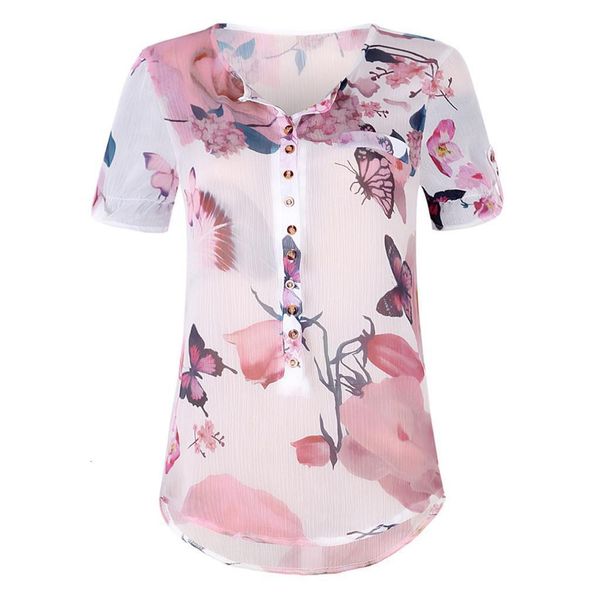 

summer 2021 fashion casual button chiffon blouse printed tee female womens short sleeve shirt blusas femininas clothing, White