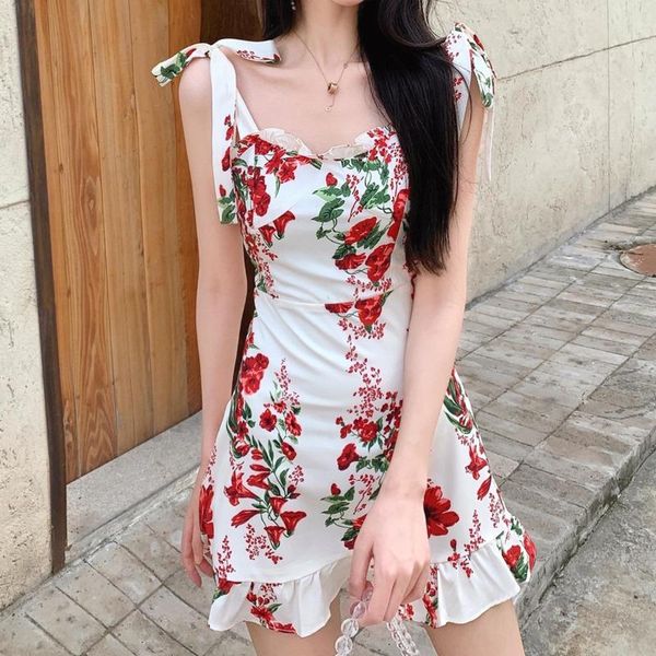 

casual dresses 2021 summer fashion sweet floral print spaghetti strap dress women backless slim robe ladies square collar vestidos, Black;gray