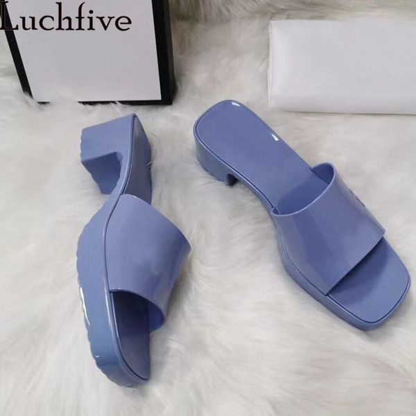 

candy color pvc latex slippers for woman square open toe mid-heel muler ladies summer jelly sandals woman slippers, Black