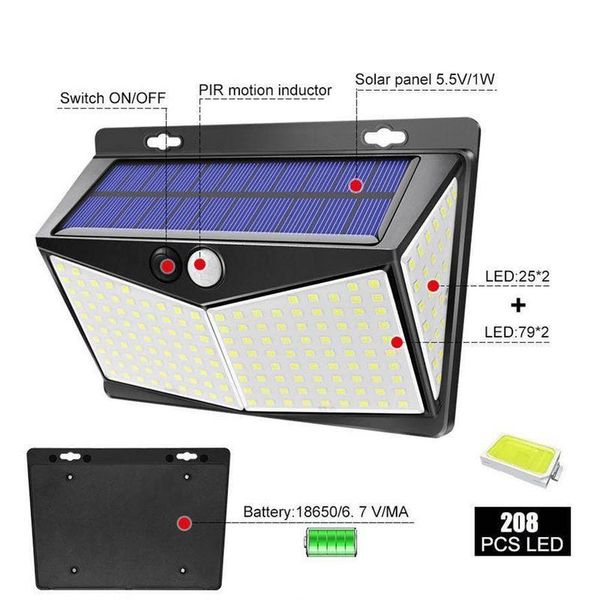 

solar lamps four sides emitting 208 led lights outdoor modes sensor motion 3 lamp light powered garden for patio wall