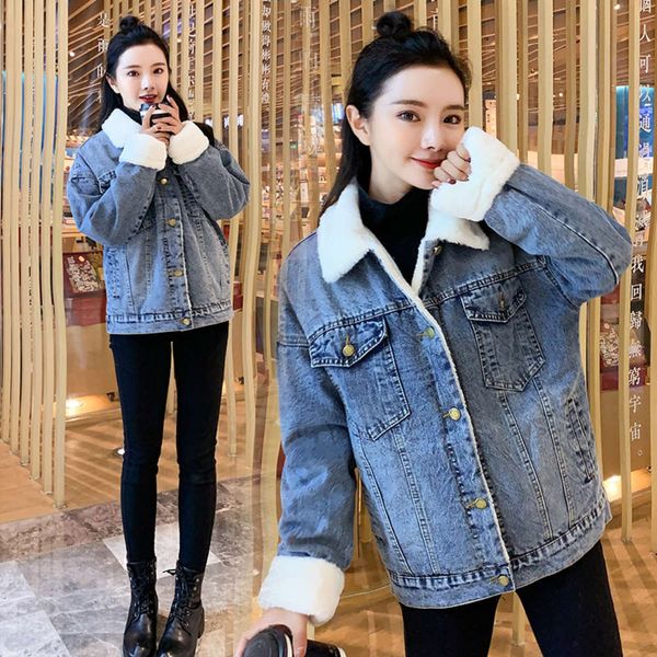 

fashion winter 2020 students' loose and thickened denim autumn coat women's plush bf cotton clothes net red luxury, Black