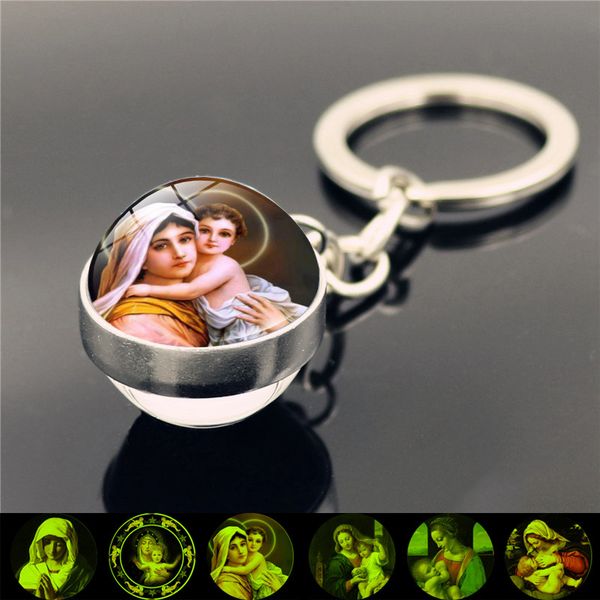 

Blessed Virgin Mary Mother of Baby Jesus Keychain Double Side Glass Ball Keyring Catholic Christian Key Chain Ring Key Holder