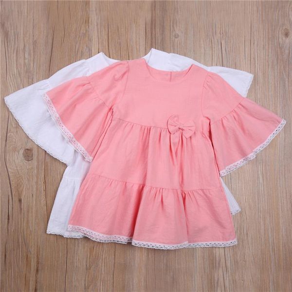 

girl's dresses girls' solid color ruffled dress half flared sleeve round neck back button closure princess skirt with lovely bow d, Red;yellow