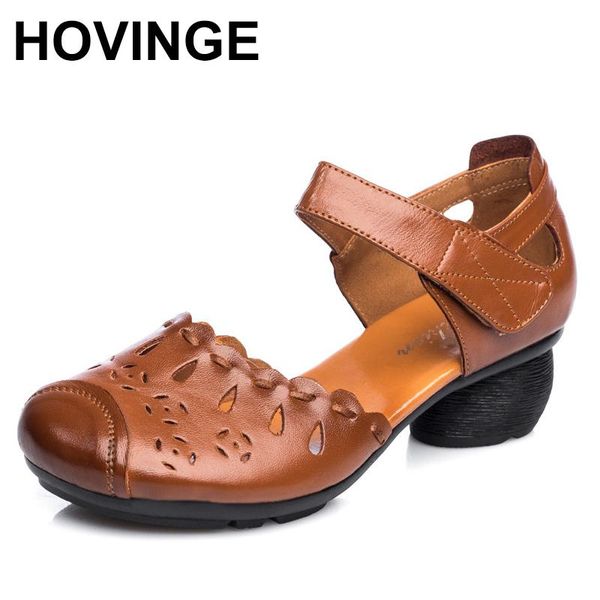 

hovinge summer beach casual thick heel genuine leather sandals mother hollow non-slip rubber bottom women shoes ladies zapatos, Black
