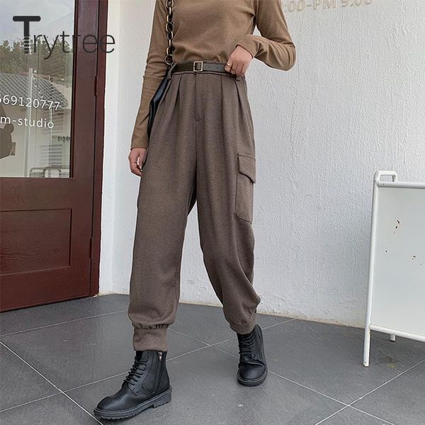 

trytree 2021 autumn winter casual pants women solid 3 color thick cargo pants belt pockets loose buttons hem women's, Black;white