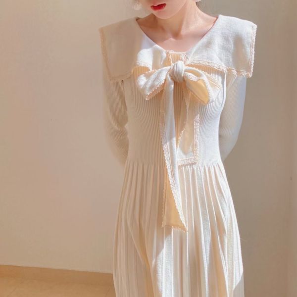 

luxury casual dresses 2021 small knitted navy neckline lace bow student sweet thin bottomed drs, Black;gray