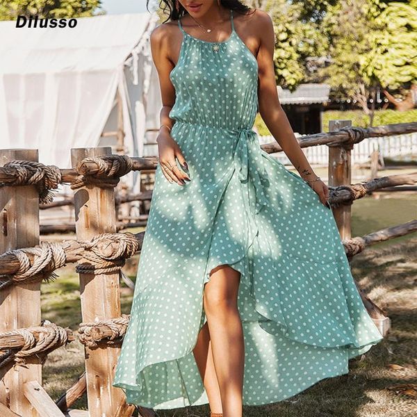 

women fashion bohemia dresses o-neck print polka dot suspender sleeveless lace up dress ruffles elegant female beach midi casual, Black;gray