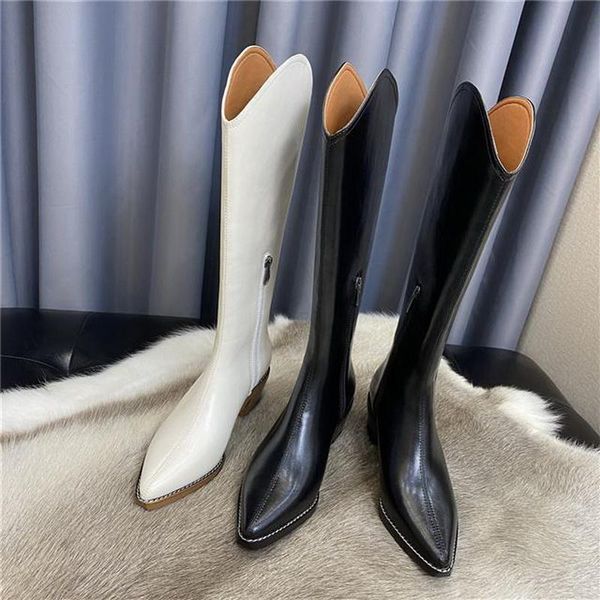 

boots women soft leather knee high boots,2021 autumn/winter shoes,pointed toe slim botas,thick heel,knight boot,beige,drop, Black
