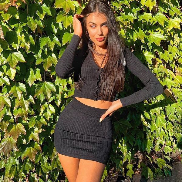 

solid elegant casual slim knit rib two pieces set v neck buttons long sleeve crop tshirt elastic waist skirts, Gray