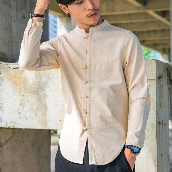 

men's casual shirts spring and autumn chinese style linen long sleeve shirt with large plate button national standing collar youth, White;black