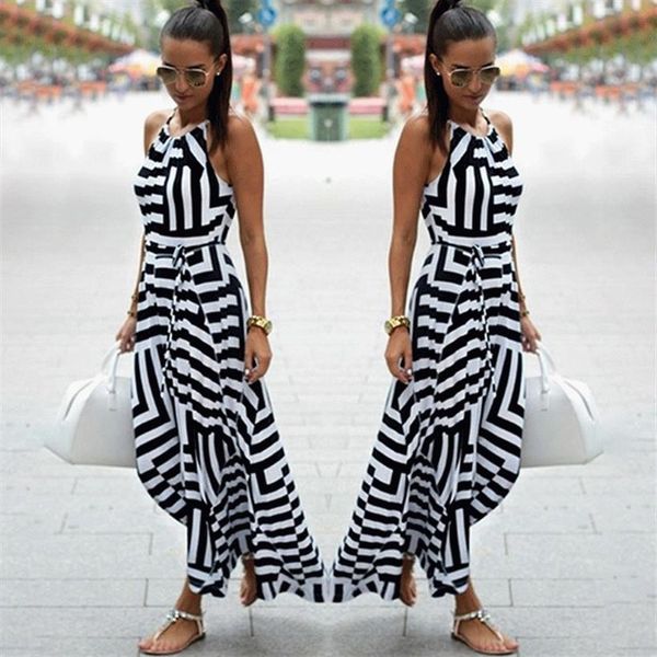 

summer boho striped womens dresses sleeveless maxi long beach style strap sundress vestidos, Black;gray