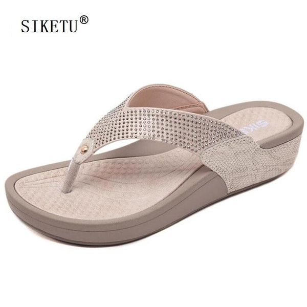 

slippers siketu 2021 summer thick bottom soft sandals female rhinestone flip flops beach shoes platform wedge slides, Black