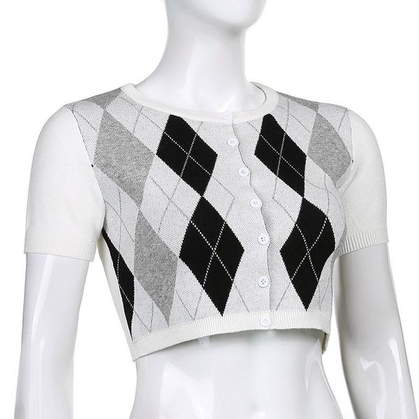 

women's t-shirt 2021 style women button down crop short sleeve crew neck argyle print rib knit t-shirts, White