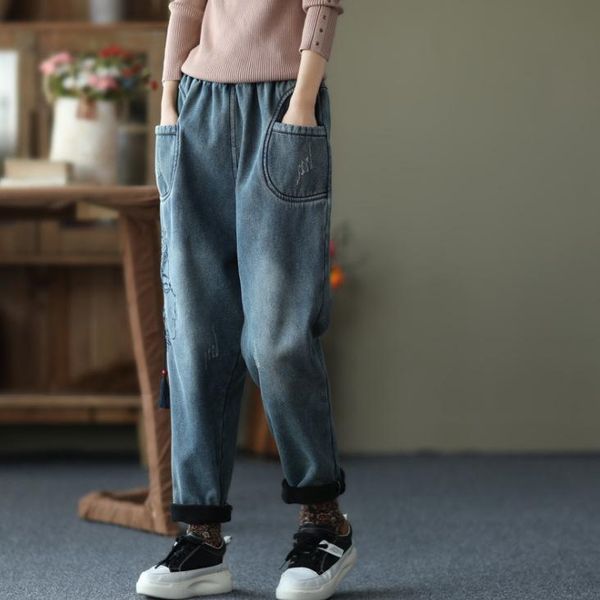 

women's jeans autumn winter women retro washed bleached embroidery vintage loose fleece female thick denim harem pants, Blue