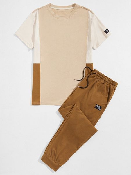 

men colorblock tee & patch detail pants t3dc#, Gray