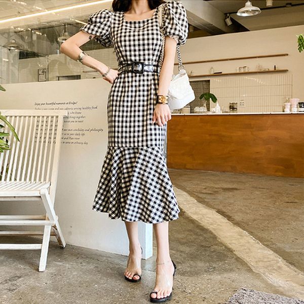 

new arrival fashion club garty women elegant summer vintage puff sleeve temperament office lady plaid slim mermaid dress aw8p, White;black