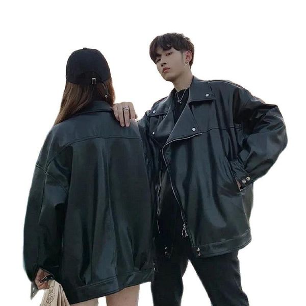 

women's leather & faux jacket men and women spring 2021 jackets lapel korean locomotive loose large size trendy female winter coat, Black