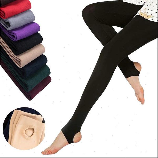

2021 autumn winter woman thick warm leggings candy color brushed charcoal stretch fleece pants trample feet leggings, Black