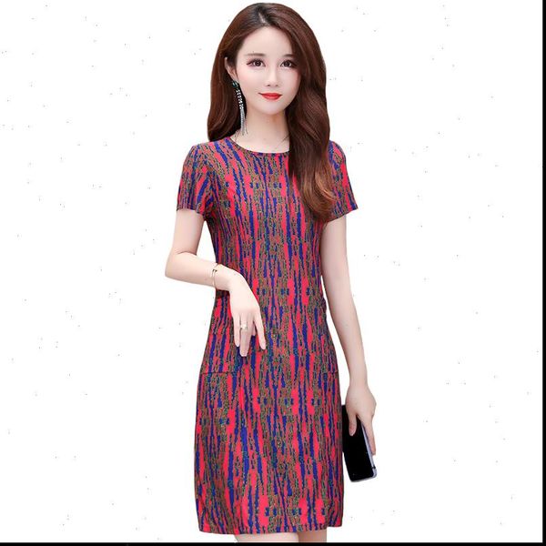 

big size xl 6xl vintage summer dress women 2021 casual slim short sleeve o neck print plus size dresses elegant women vestidos, Black;gray