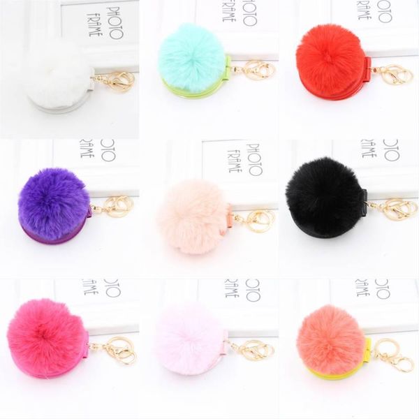 

faux fur puff ball mirror keychains multifunctional travel portable pompom mirror keyring personalised key holder, Slivery;golden