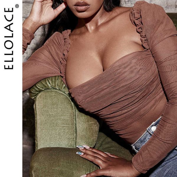

ellolace mesh square collar bodysuit long sleeve women bodys fashion ladies fitness cami bodysuit backless romper t200401, Black;white