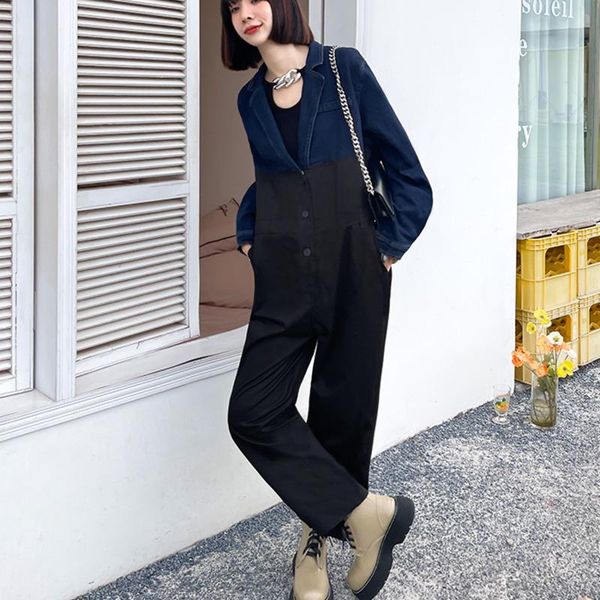 

women's jeans xuxi denim jumpsuit women 2021 autumn high waist splicing wide leg pants loose and slim female casual e3230, Blue
