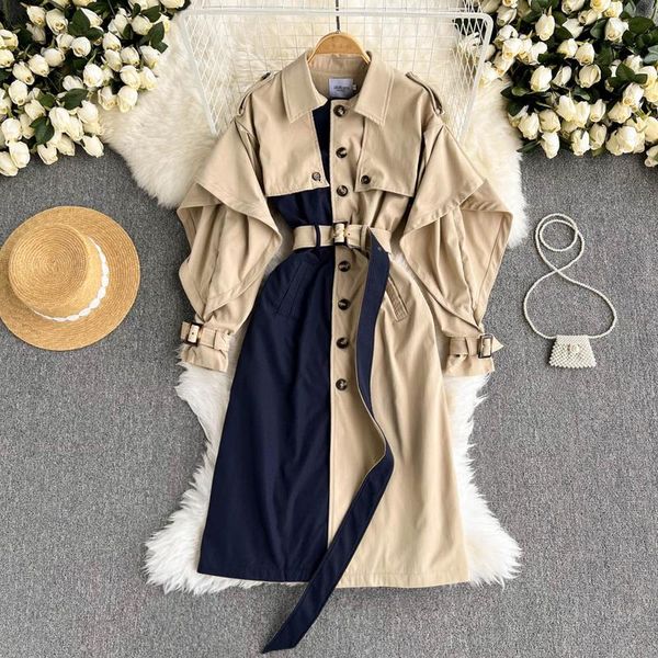

women's trench coats fashion 2021 fall spring casual single breasted patchwork color classic ruffle long coat belt chic female windbrea, Tan;black
