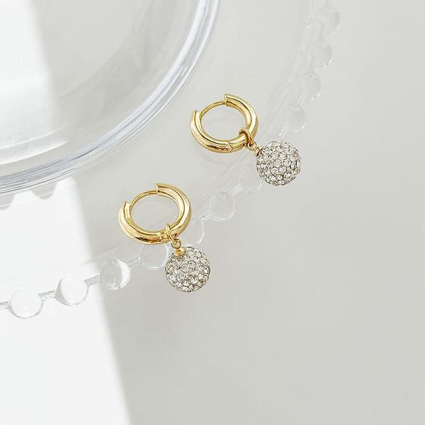 

hoop & huggie minimalist shinning rhinestone ball earrings for women brass gold color geometrical metallic vintage accessories, Golden;silver