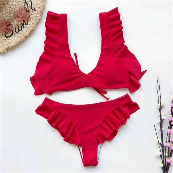 

women bikinis set solid red ruffled lace up bandage swimsuit beach bathing suit skirt swimwear maillot de bain femme, White;black
