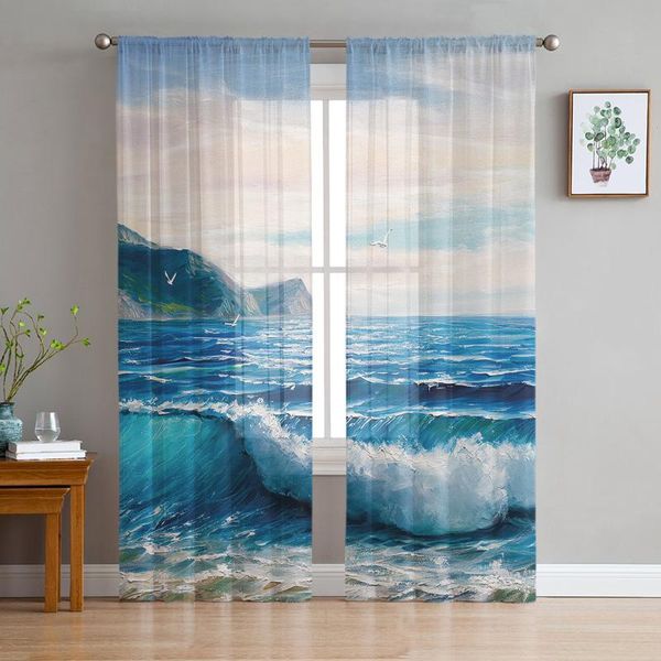 

curtain & drapes sea wave beach oil painting tulle curtains living room children's bedroom brightly lit sheer