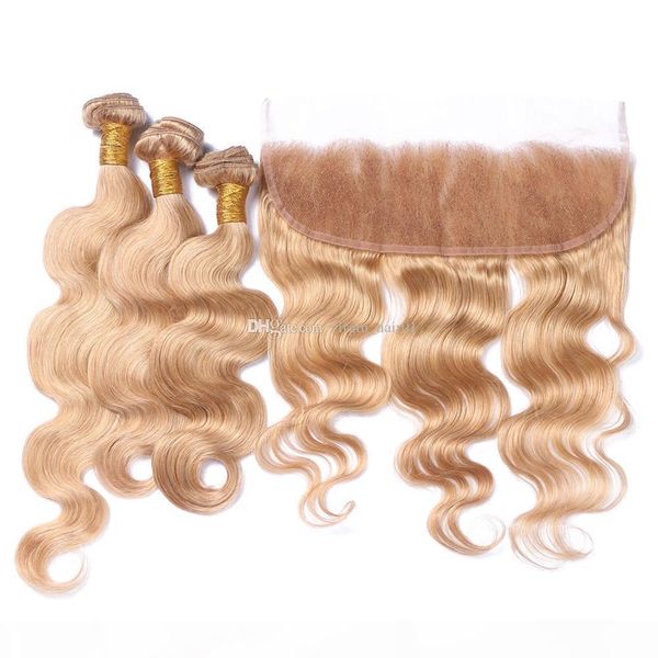 

#27 honey blonde body wave part lace frontal with bundles 9a virgin brazilian human hair with ear to ear lace frontal closure, Black;brown