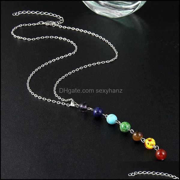 

necklaces & pendants jewelry sier simple style 7 chakra mticolor natural stone beads pendant necklace long chain for women charm collier col, Silver