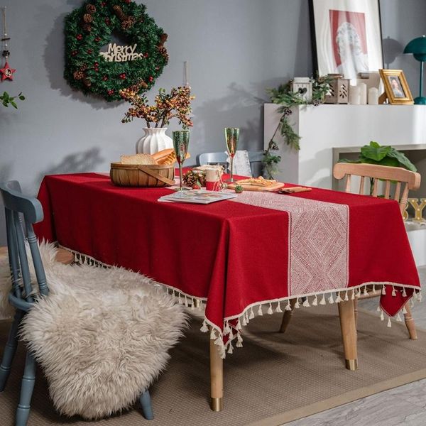 

table cloth rustic imitation cotton linen rectangle tablecloth with tassels diamond pattern jacquard dustproof knitted cover kitchen d