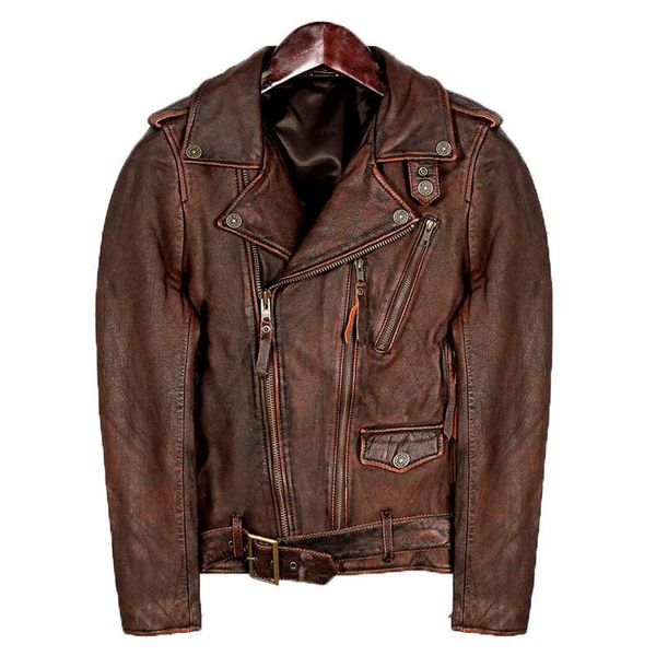 

men's leather & faux 2021 vintage brown genuine jacket men motorcycle style plus size 5xl real natural cowhide autumn slim fit biker co, Black