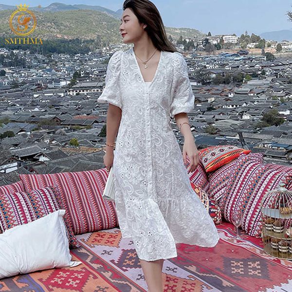 

casual dresses summer embroidery hollow out women vintage v-neck loose slim mujer lantern short sleeve party es k191, Black;gray