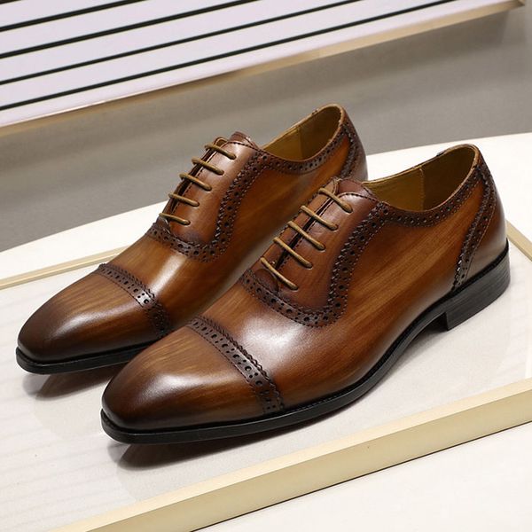 

italy style luxury mens dress shoes genuine calf leather business formal oxford shoes lace up handmade brogue shoes for men, Red;white