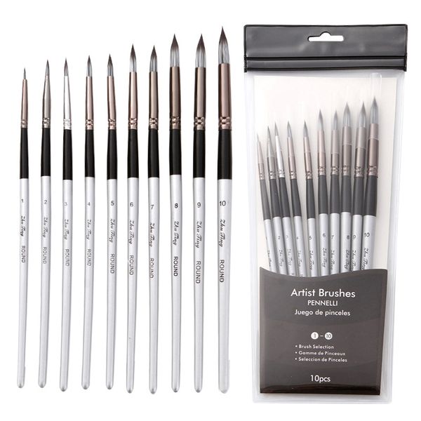 

10pcs nylon watercolor painting brush professional grey rod paint brushes set for students stationery art supplies, Black;red