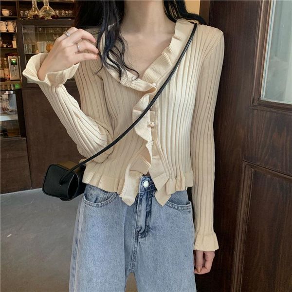 

women's knits & tees autumn knitted sweater 2021 style with thin korean short v-neck long-sleeved women, White