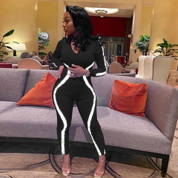 

women's jumpsuits & rompers bkld black clubwear bodycon jumpsuit romper long sleeve bodysuit women zipper v neck patchwork reflective, Black;white