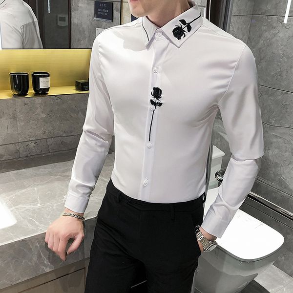 

2021 streetwear flower embroidered long sleeve male shirt all games homme 4xl blouse hg74, White;black