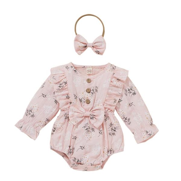 

rompers 0-18m born baby girls romper with hairband floral print o-neck long sleeve bodysuit+ headband bowknot ruffle clothes set, Blue