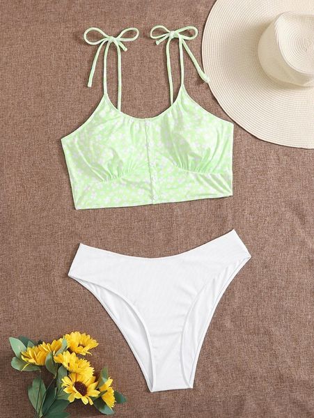 

plus floral print rib tie shoulder bikini swimsuit u44x#, Black