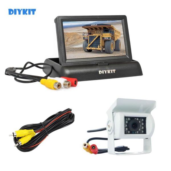 

car video diykit wired 4.3inch foldable rear view monitor waterproof ccd reverse ir night vision bus truck camera white