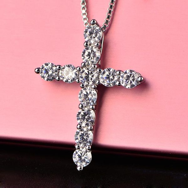 

pendant necklaces wholesal 12pcs/lot 5a shiny zirconia cross necklace 45cm silver-plate box chain female choker for women girls