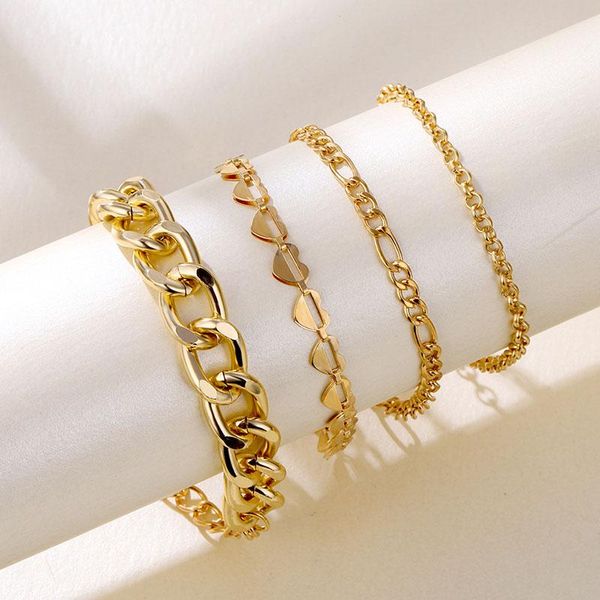 

link, chain 4pcs/set gold color chunky link bracelets set for women basic charm bangles multiple layered hand jewelry, Black