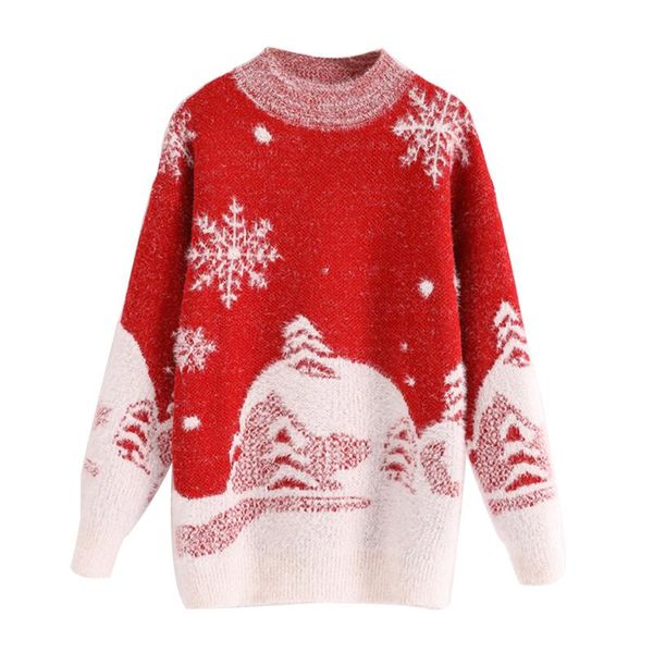 

women's sweaters women sweater 2021 christmas snowdrift pattern round neck long sleeve knitted autumn winter loose knitwear pullovers, White;black