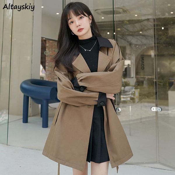 

women's trench coats women medium-long patchwork vintage loose a-line ladies fashion spring fall overcoats female double breasted windb, Tan;black